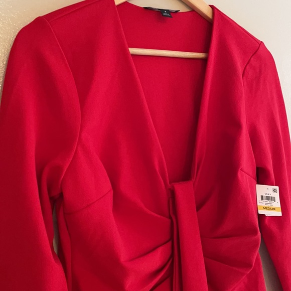 NWT INC red Hollywood runway mini dress tie front drape V day ruched cascade - Picture 2 of 16